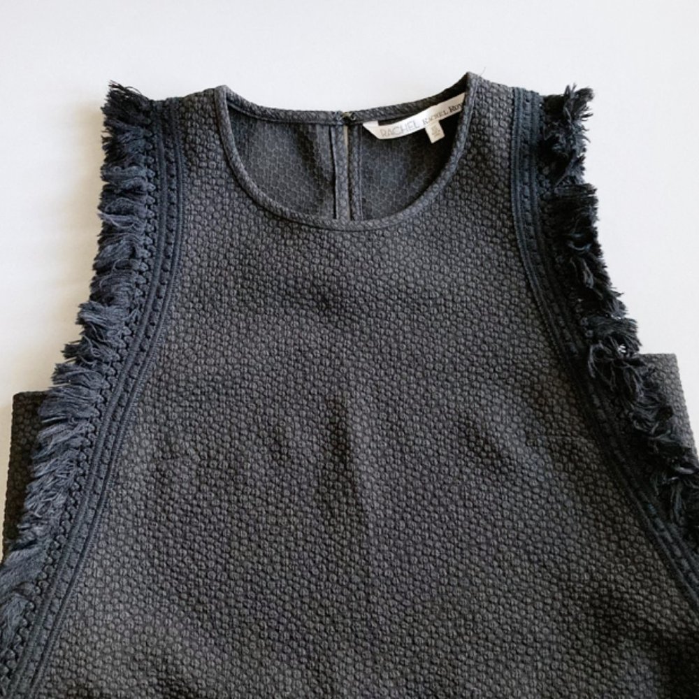 Rachel Roy Black Textured Fringe Sleeveless Top, Go West Tassel Tank Top, XS